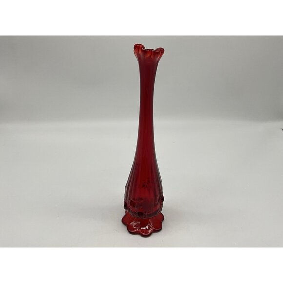 Fenton Red With a Hint of Amberina 10 Inch Cabbage Rose Stretch Bud Vase Vintage - Picture 8 of 11
